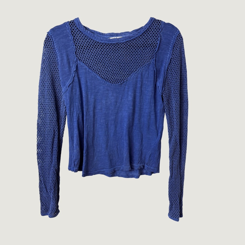 Free People We The Free Blue Mesh Crochet Long Sleeve Top S Boho Fairy Grunge